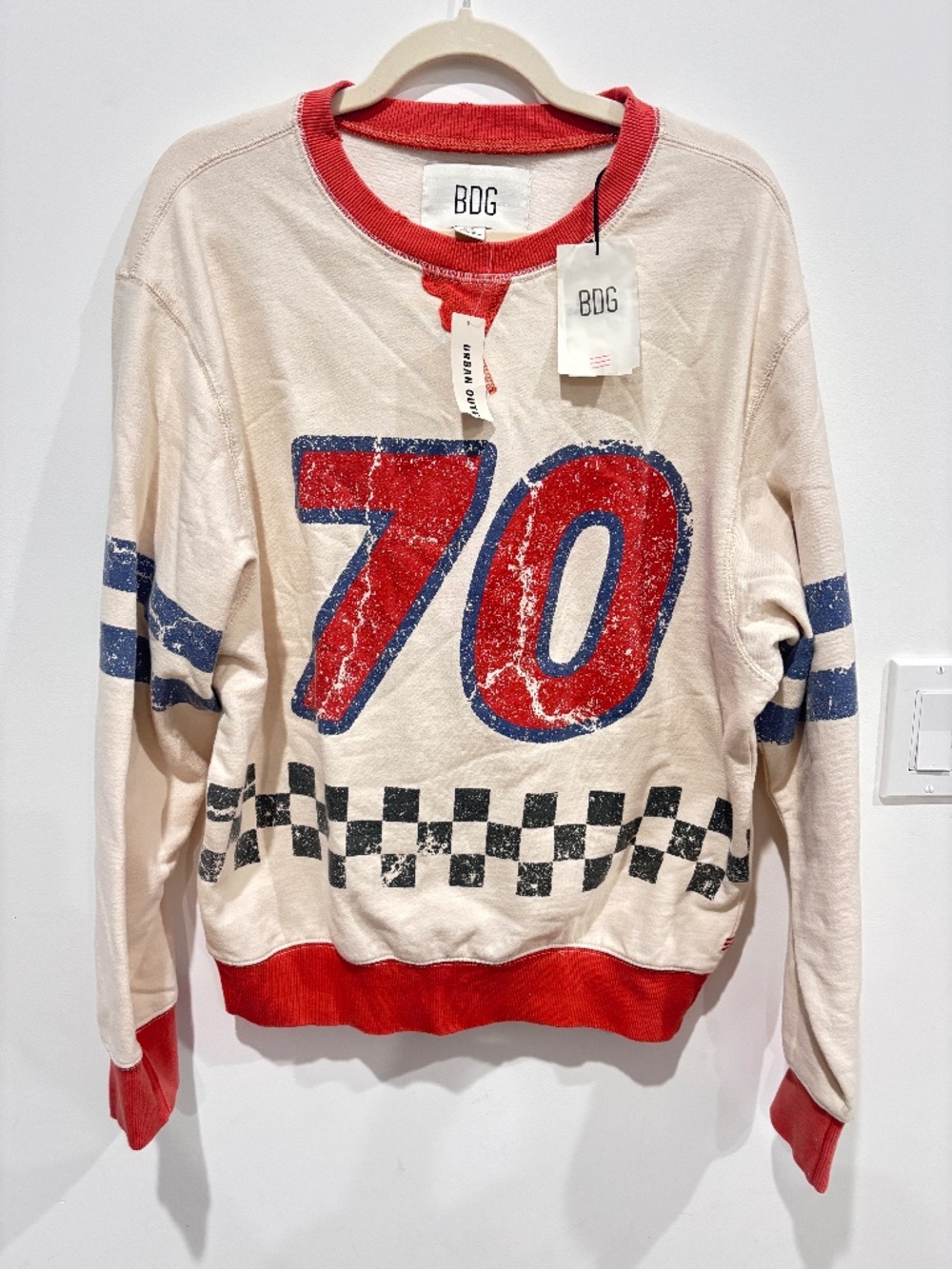 NWT BDG Urban Outfitters Graphic Sweatshirt Small Cream Red Blue Pullover